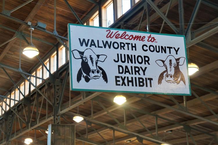 Walworth County Junior Dairy Exhibit sign in the Livestock Barn at the 2022 Wisconsin State Fair