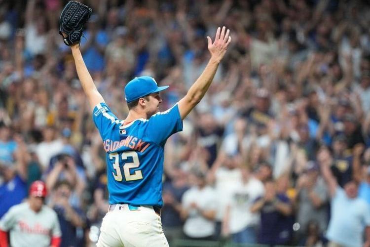 Jun 12, 2026; Milwaukee, Wisconsin, USA; Milwaukee Brewers pitcher Jacob Misiorowski (32) celebrate a nine innings 6-0 win over the Philadelphia Phillies at American Family Field. Misiorowski (32) pitched all nine innings of the game. Mandatory Credit: ...
