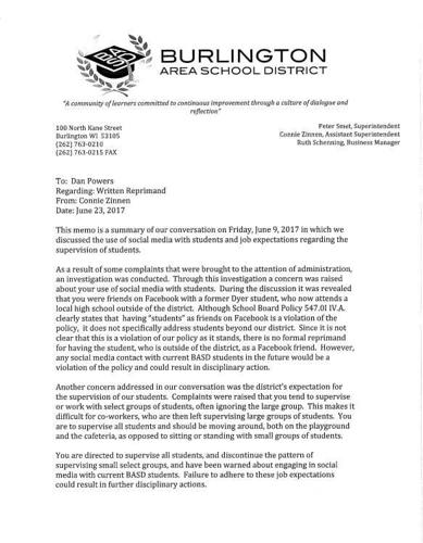Click here to read a 2017 memo written by a Burlington school administrator about Daniel Powers' alleged use of social media and his tendency to prefer students in "small select groups."