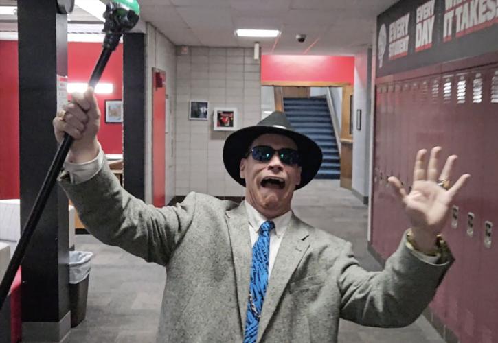 Villain Ted Toxi in a scene from the Fontana Film Club production "Super Falcon"