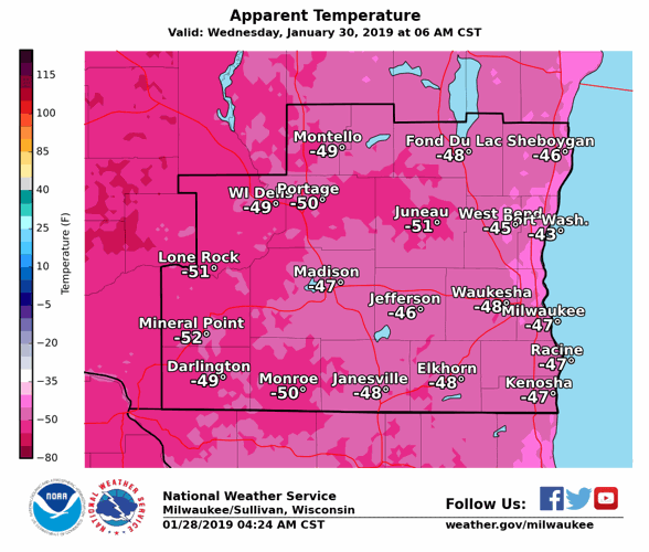 National Weather Service wind chill Wednesday morning, 1-28-19