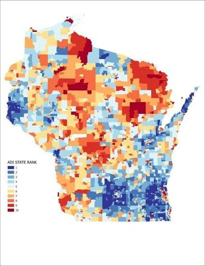 Previous research from UW-Madison's Dr. Amy Kind found that risks of Alzheimer's disease and other dementias were higher for individuals who lived in more disadvantaged areas, shown in orange and red on this Area Deprivation Index map of Wisconsin.