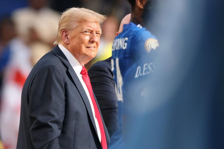 Jul 13, 2025; East Rutherford, New Jersey, USA; U.S. President Donald Trump on stage during the final of the 2025 FIFA Club World Cup between Paris Saint-Germain and Chelsea FC at MetLife Stadium. Mandatory Credit: Vincent Carchietta-Imagn Images