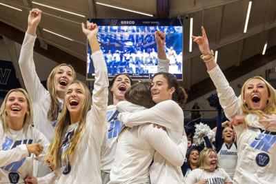 Madison Siegrist embraces teammate Brianna Herlihy as the Villanova women s basketball team reacts to their seed announcement during the Selection Sunday watch event at Villanova s William B. Finneran Pavilion in March.