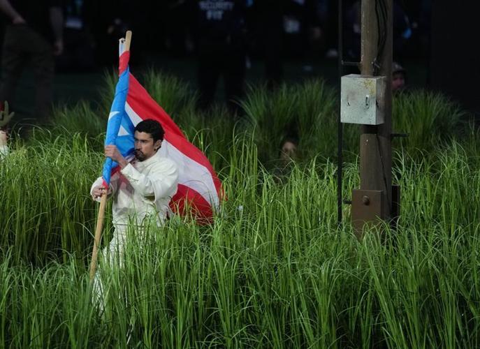 Recording artist Bad Bunny performs at halftime in Super Bowl LX between the New England Patriots and the Seattle Seahawks at Levi's Stadium.