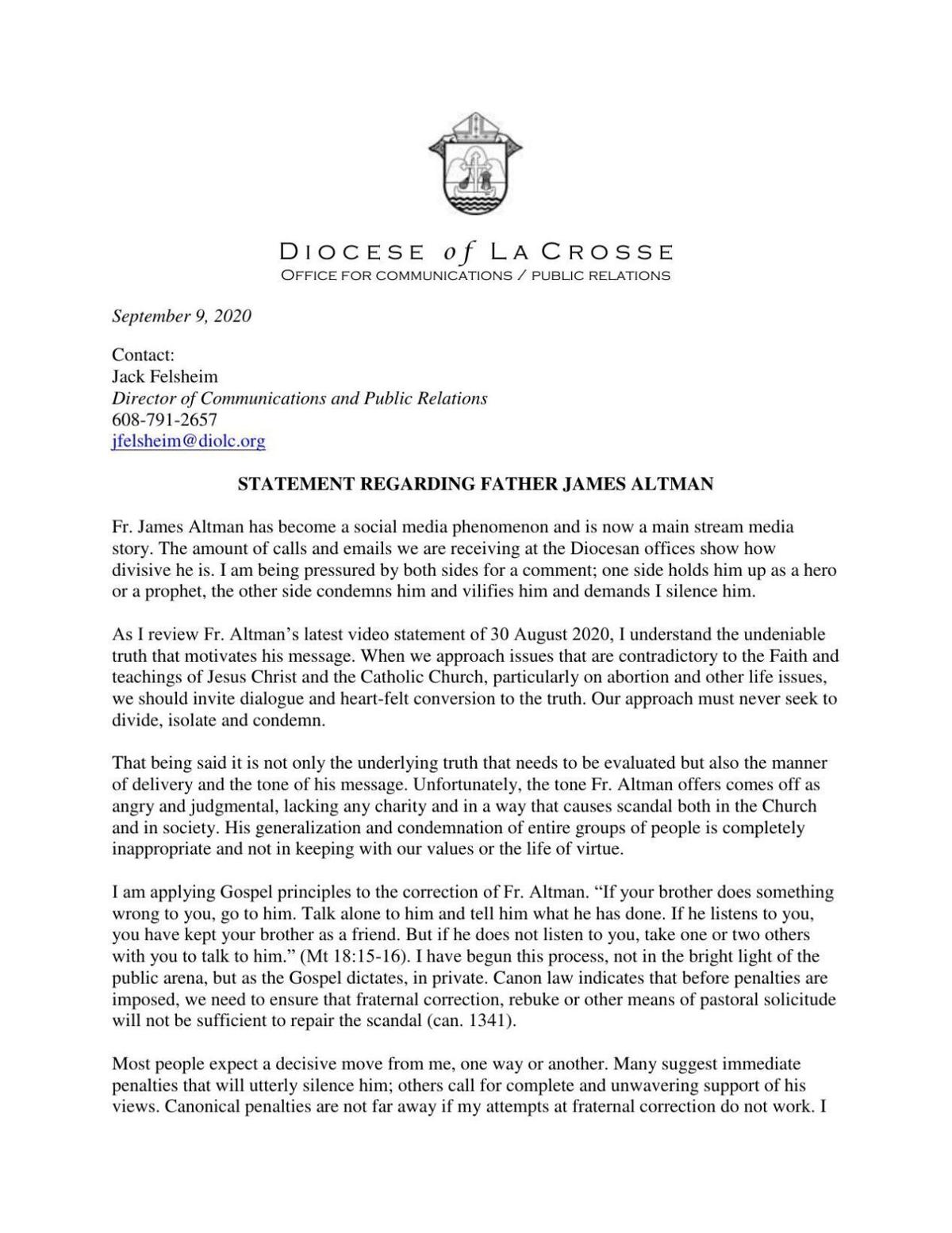 Diocese of La Crosse statement on Father Altman
