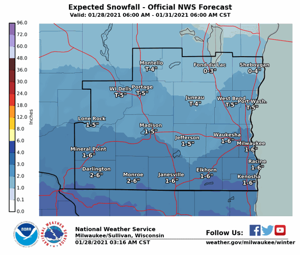 Expected snowfall weekend storm by National Weather Service