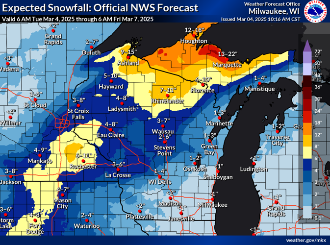 NWS expected snow totals through 6 a.m. Friday 3-7-25