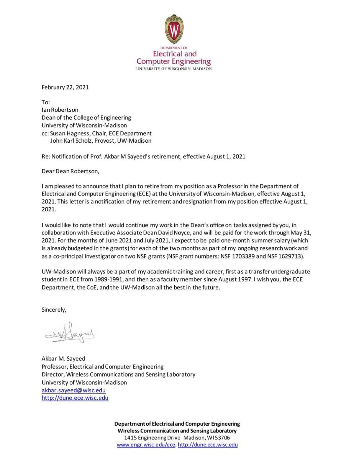 Akbar Sayeed resignation letter