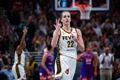 Jun 24, 2026; Indianapolis, Indiana, USA; Indiana Fever guard Caitlin Clark (22) celebrates a made shot in the first half against the Phoenix Mercury at Gainbridge Fieldhouse. Mandatory Credit: Trevor Ruszkowski-Imagn Images
