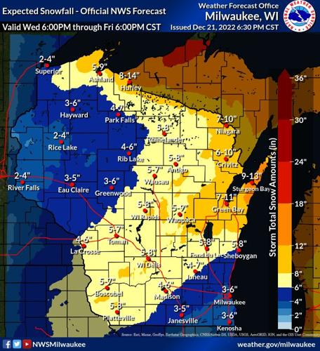 NWS expected snow totals 12-22-22