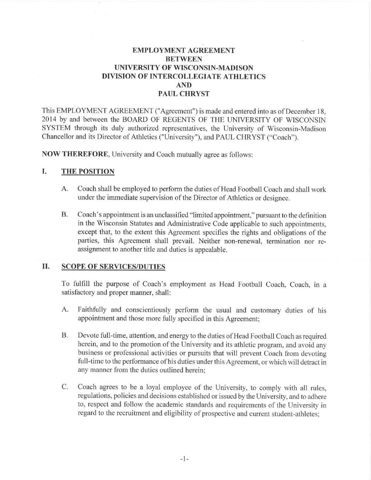 Paul Chryst contract as Badgers football coach, 2021