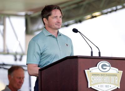 Green Bay Packers president and CEO Ed Policy speaks during the team's shareholders meeting on July 27 at Lambeau Field.