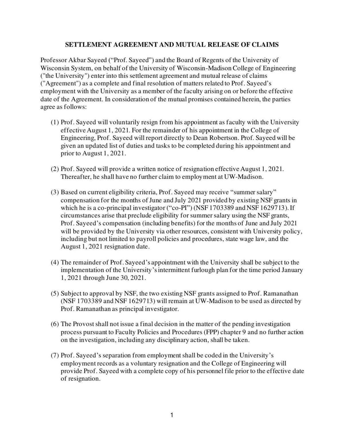 Akbar Sayeed settlement agreement