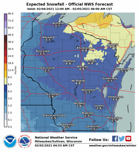 Snow totals Thur by National Weather Service
