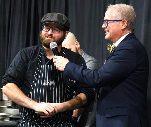 Top Chef Zach Sell interviewed by Pierre Langlois at the 2024 Iron Faith Live Cook-Off fundraiser at Faith Christian School