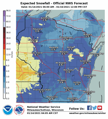 Expected Wisconsin snowfall by National Weather Service