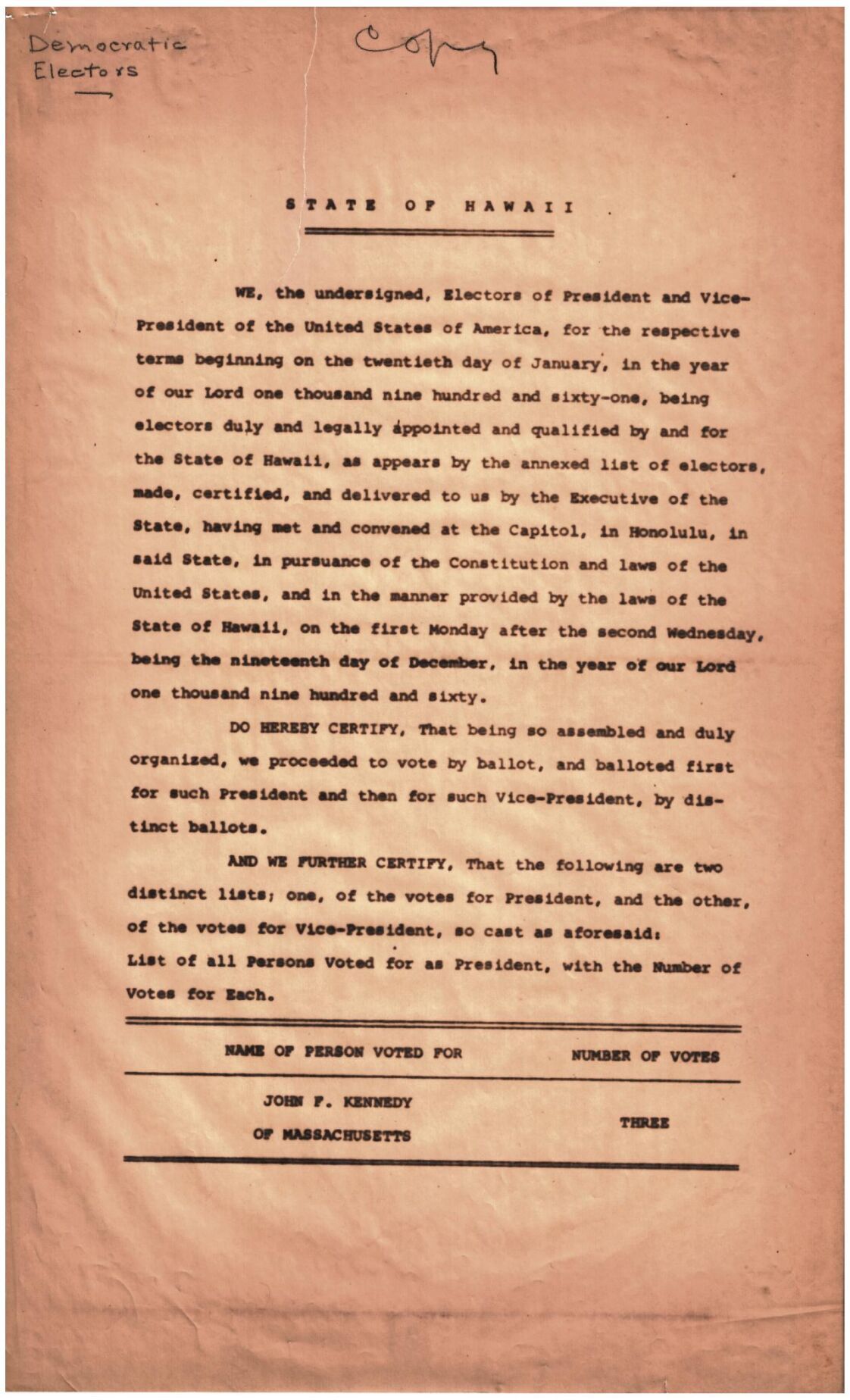 Hawaii Democrats' fake 1960 Electoral College certificate