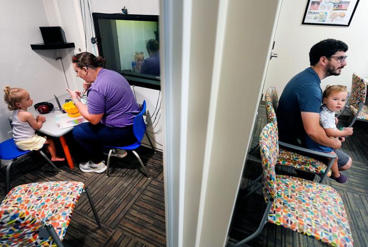 In July, the Plumb sisters became the first in the nation to receive a newly approved gene therapy called Otarmeni to treat a rare genetic form of hearing loss. They are pictured during an Aug. 25 hearing test at Children’s Wisconsin Appleton Clinic in A