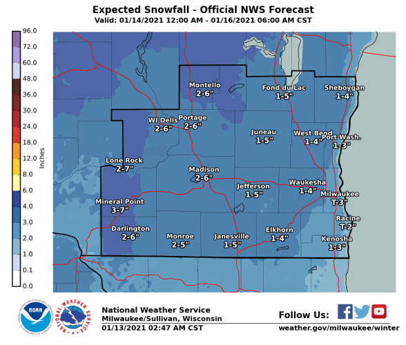 Snow totals by National Weather Service