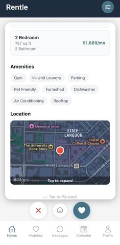 Example of the new student housing search app Rentle
