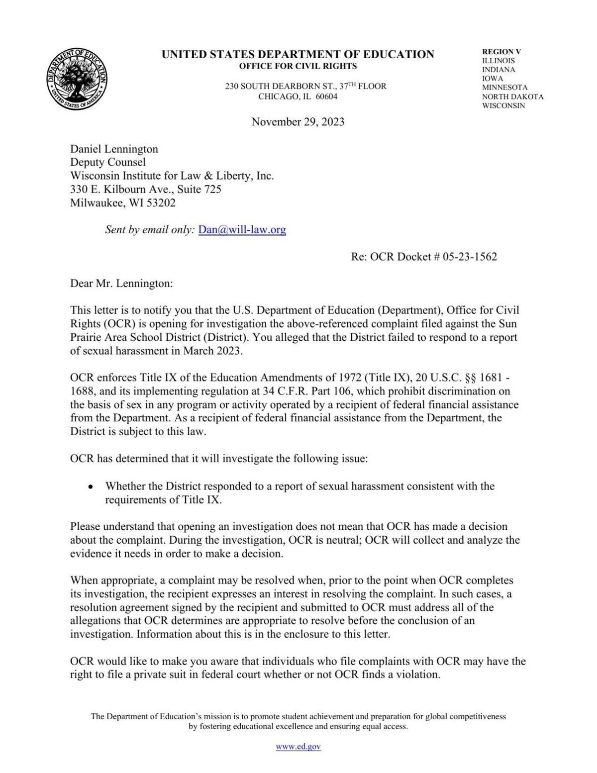 Department of Education Sun Prairie School District letter