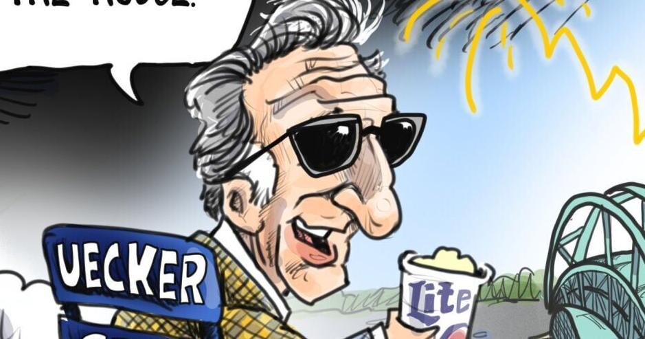 Bob Uecker finds his seat for a Brewers World Series in Phil Hands cartoon
