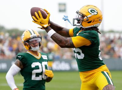 Green Bay Packers cornerback Keisean Nixon (25) catches a pass during the third day of training camp on July 31, 2026, at Ray