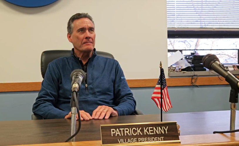 Fontana Village President Patrick Kenny addresses the local media in a scene from the new Fontana Film Club movie "Super Falcon"