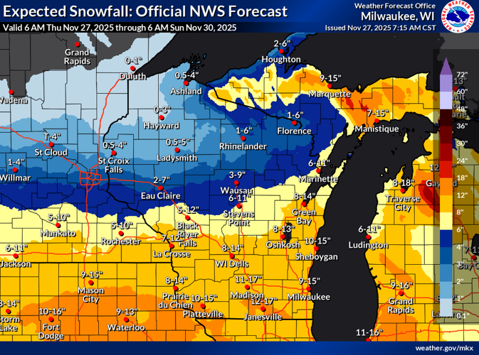 NWS snowfall forecast 11-27-25 through 6 a.m. Sunday