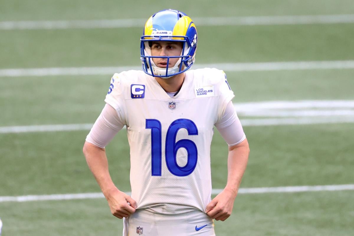Los Angeles Rams quarterback Jared Goff looks on in the third quarter against the Seattle Seahawks at Lumen Field in Seattle on December 27, 2020.