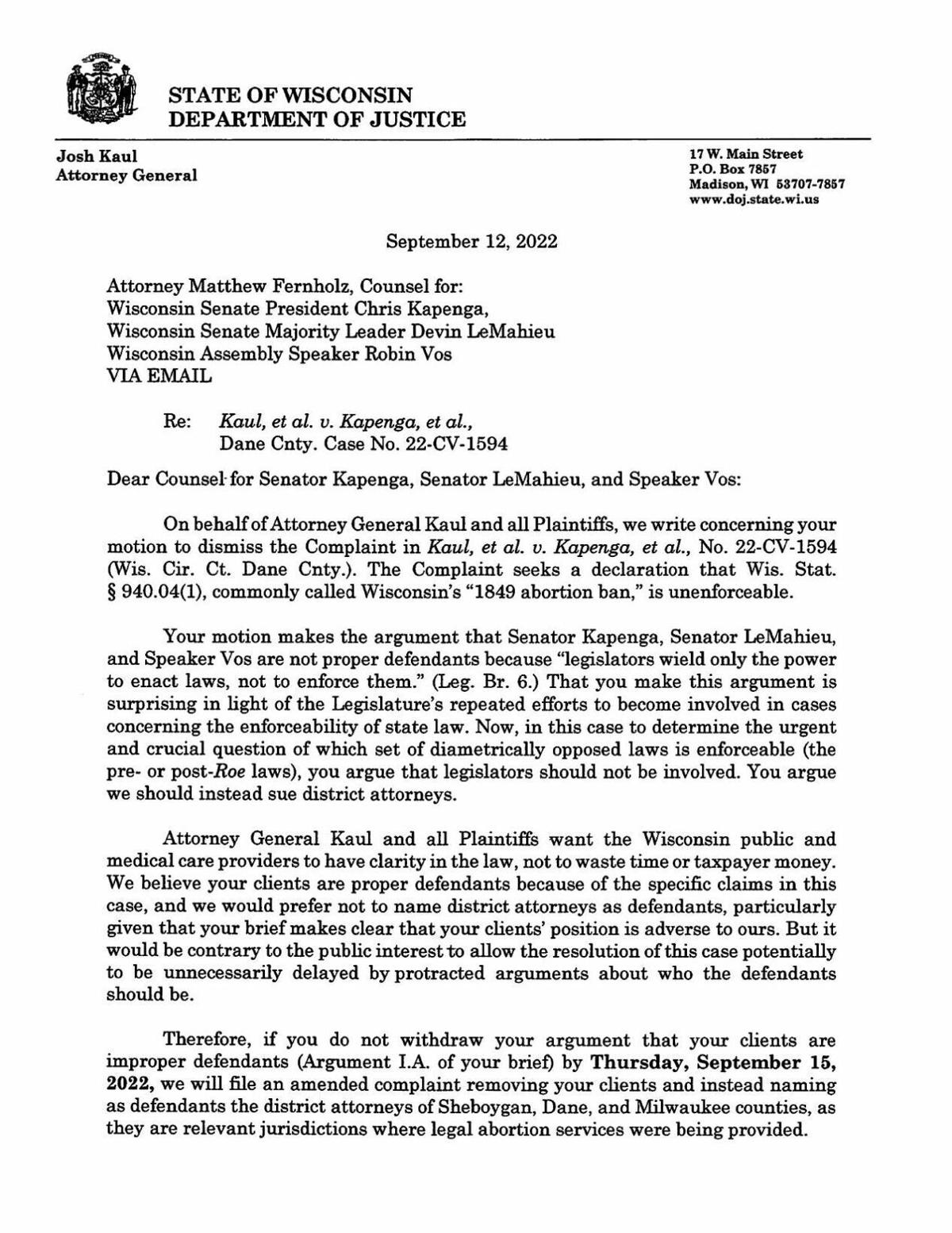 DOJ letter to legislative leaders
