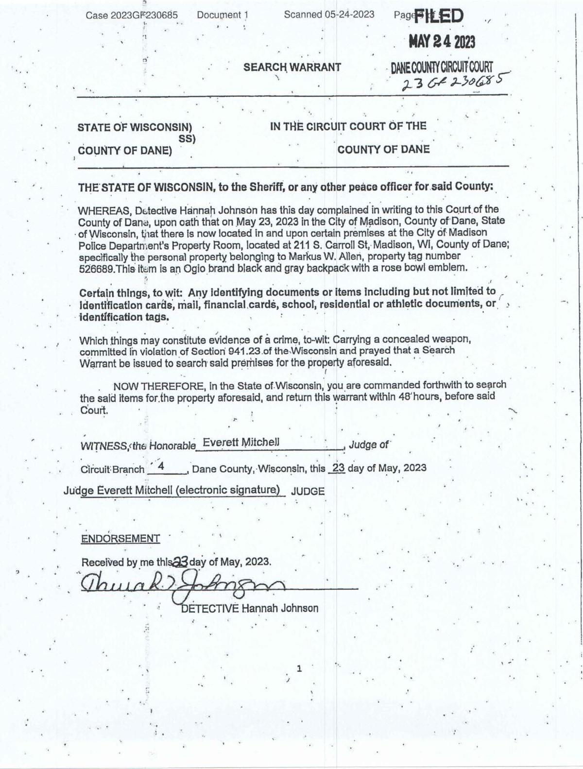 Markus Allen search warrant 052423