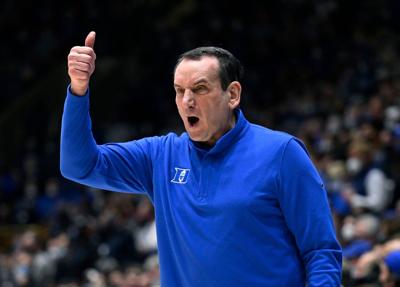 Duke head coach Mike Krzyzewski directs his team during first-half action against Wake Forest at Cameron Indoor Stadium on Feb. 15, 2022, in Durham, North Carolina.