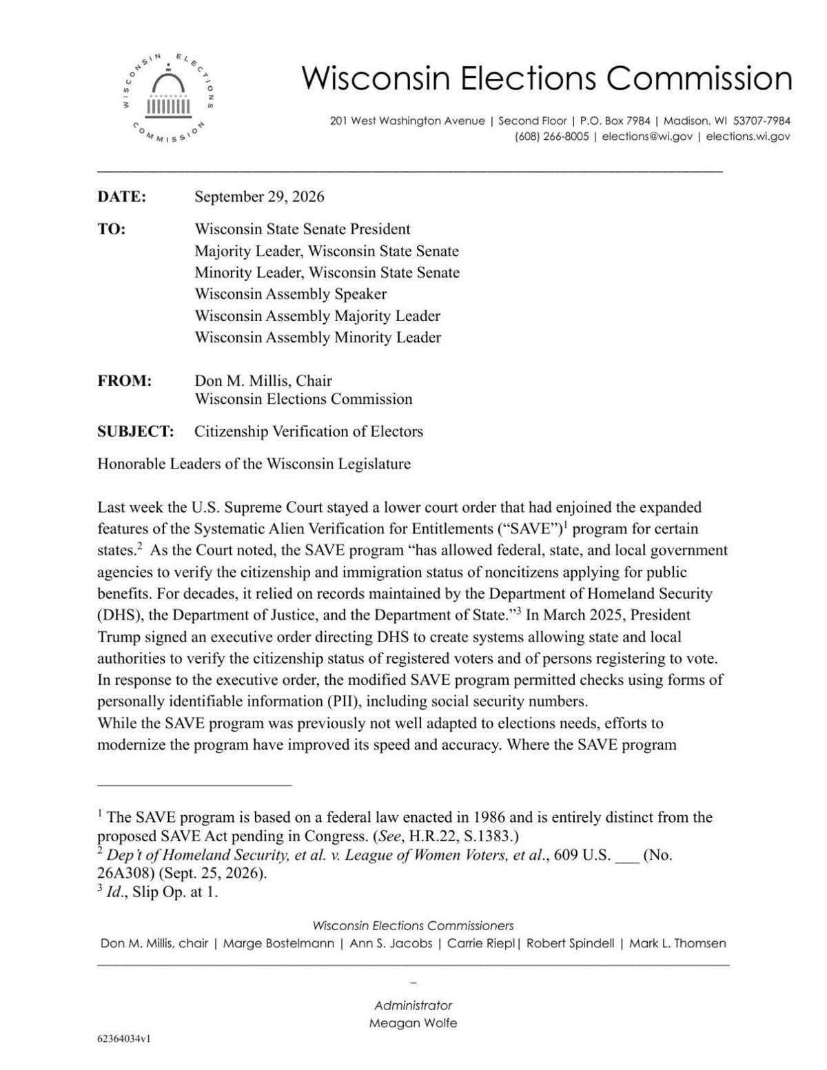WEC Chair Don Millis letter to Legislative leaders