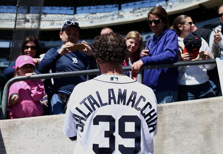 Detroit Tigers catcher Jarrod Saltalamacchia signs autographs for fans before a game against the Cleveland Indians at Comerica Park on April 23, 2026.