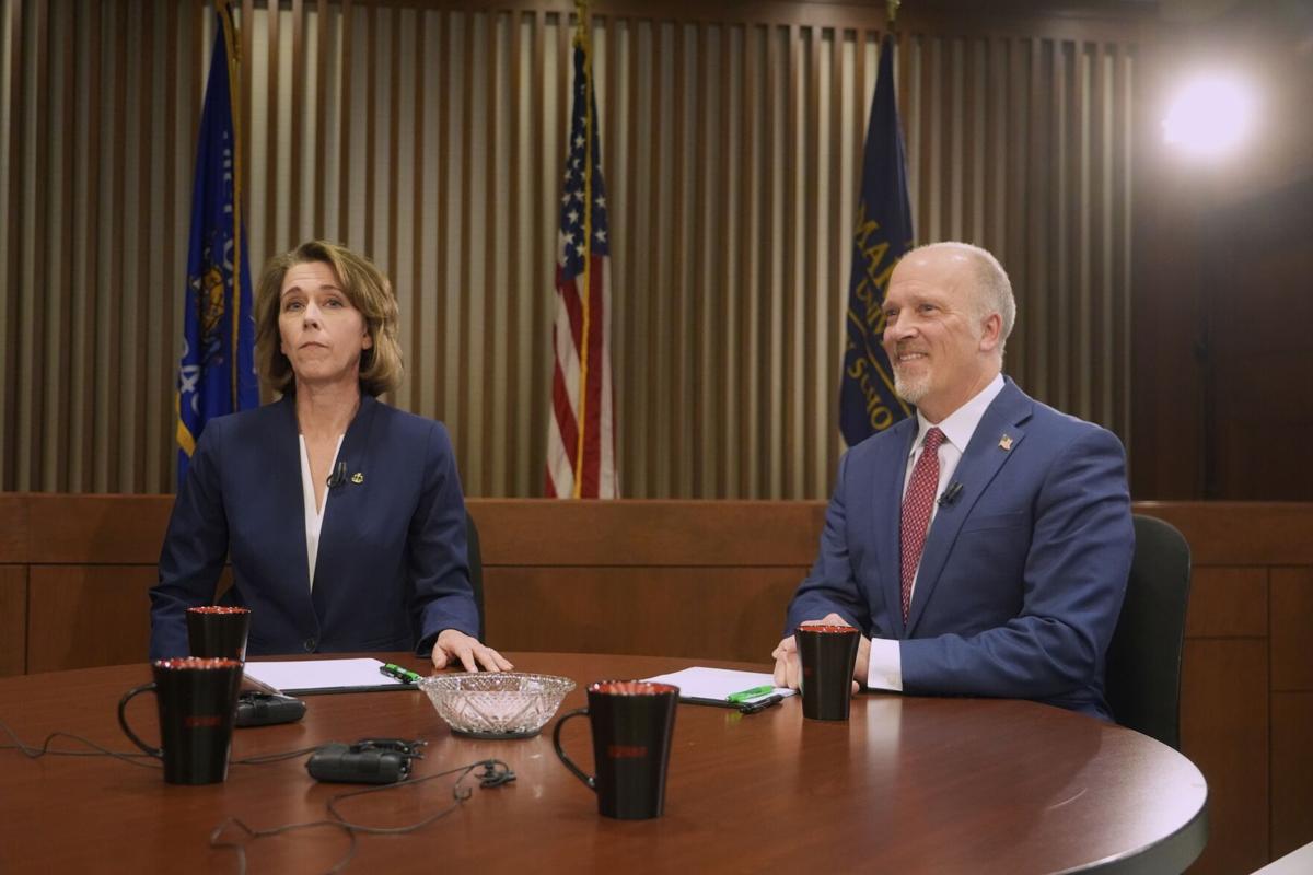 Brad Schimel, Susan Crawford at debate, AP photo