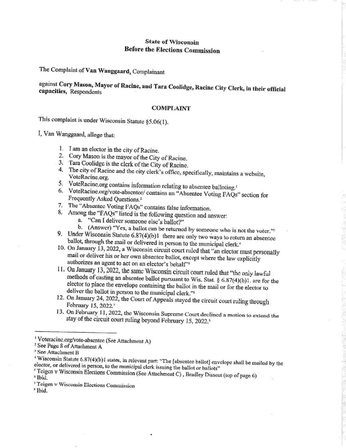 CLICK HERE to read the complaint filed with WEC by state Sen Van Wanggaard regarding ballot harvesting and the City of Racine.pdf