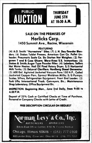 Horlick's Malted Milk - Racine plant auction ad, May 1975