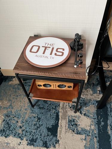 Old vinyl phonograph in each room at the Otis Hotel in Austin.