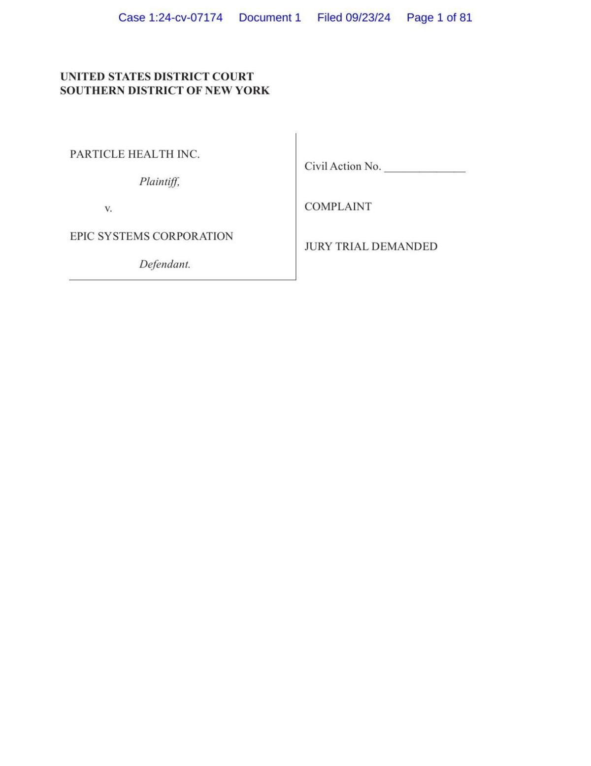 Particle Health lawsuit against Epic