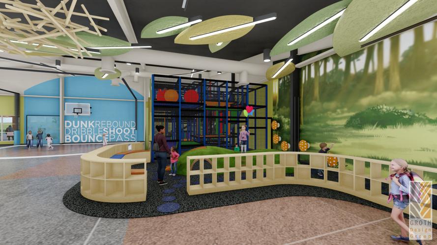 Lakeland Park - GROTH Design Group conceptual image of basketball area, play structure and preschool play areas
