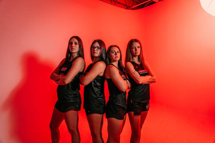 Four players on Georgia's club women's flag football team pose for a photo during a media day event ahead of the Fiesta Bowl Flag Football Classic held in Tempe, Arizona on April 18, 2026.