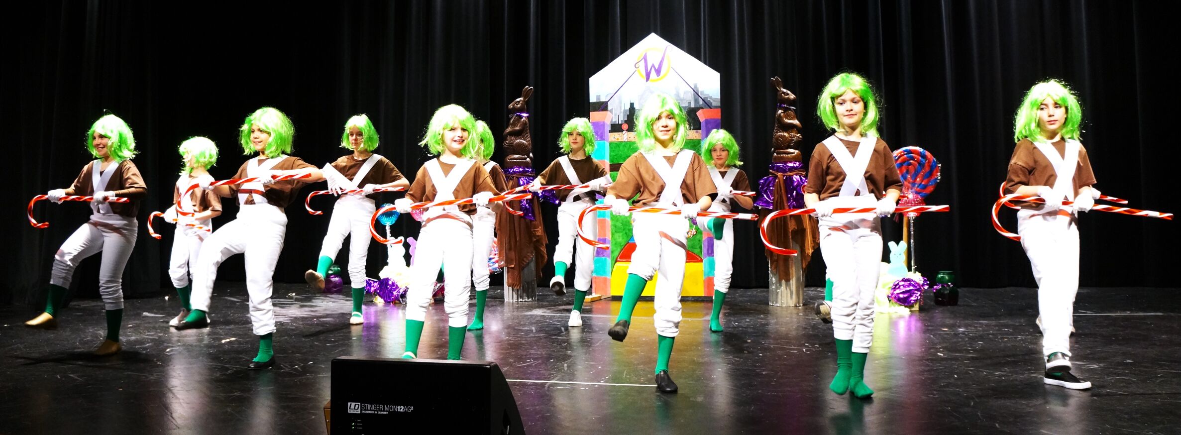 Oompa-Loompa chorus line in the Reek Elementary School production of "Willy Wonka Jr."