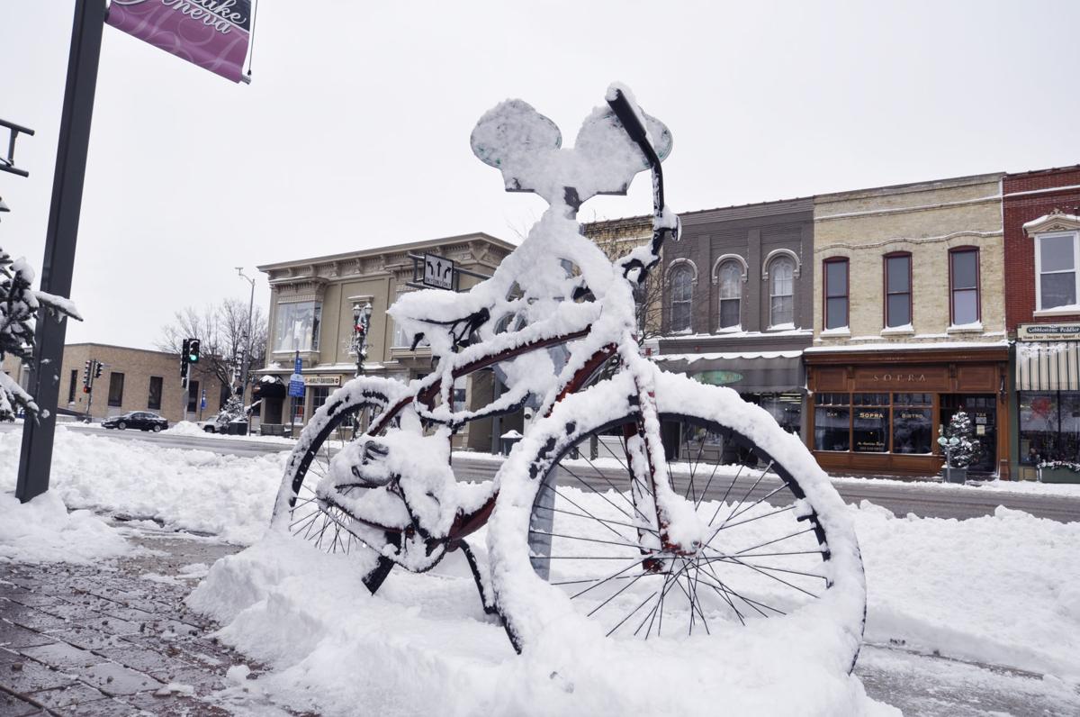 Bicycle in Lake Geneva after snowstorm