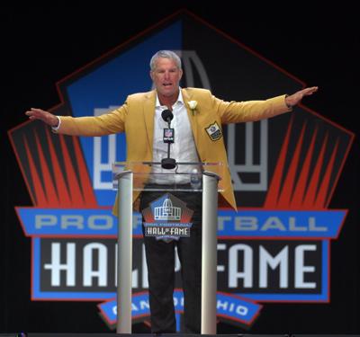 Brett Favre giving Hall of Fame speech, AP photo