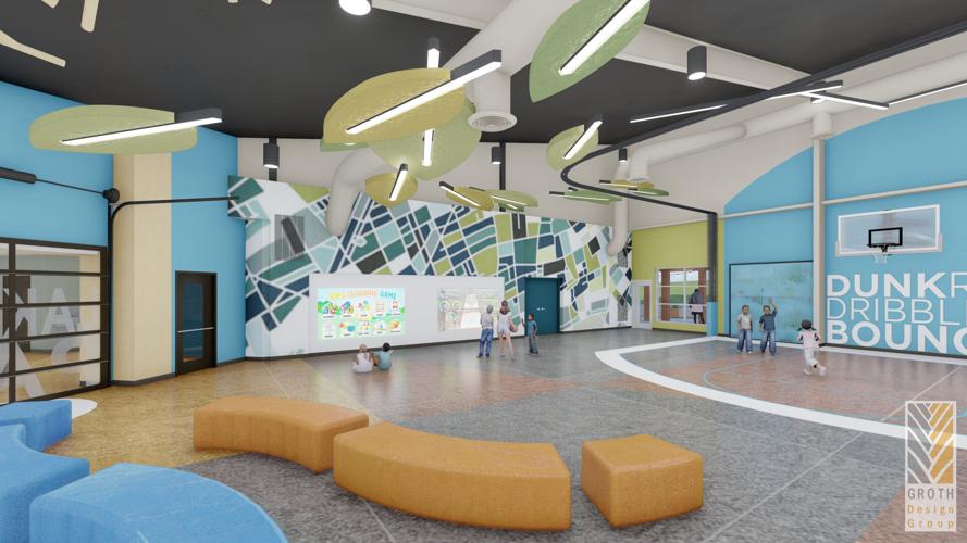 Lakeland Park - GROTH Design Group conceptual image of interactive gaming/fitness and basketball areas
