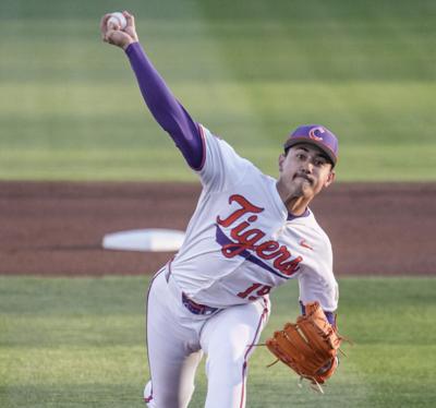 Clemson pitcher Aidan Knaak (19) pitches to Georgia Tech during the top of the first inning at Doug Kingsmore Stadium in Clemson, S.C. Thursday, March 12, 2026.