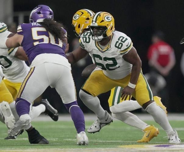 Green Bay Packers center Jacob Monk blocks against the Minnesota Vikings last season.