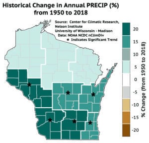 Wisconsin annual precipitation change, 1950-2018